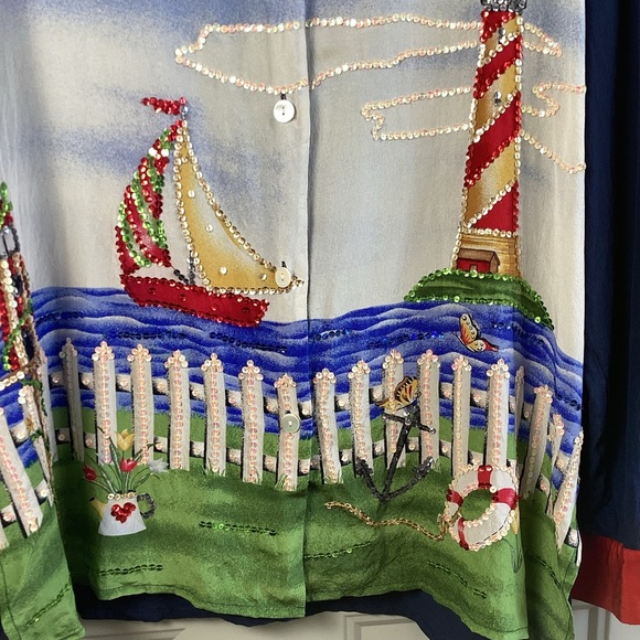 Quaker factory Silk Blue Red embroidered Sequin lighthouse sailboat button-up M - Picture 5 of 9